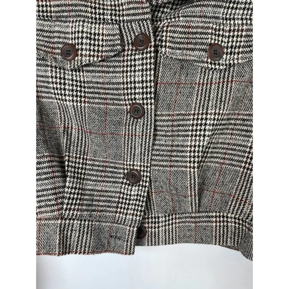 Plaid Jacket Womens Small Cropped Herringbone Shacket Button Light Weight Top